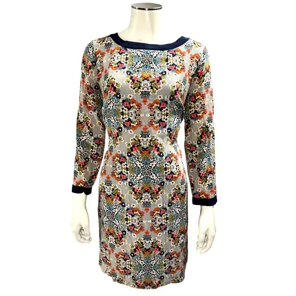 J Crew Size 4 Silk Dress Multicolor Floral Print Long Sleeve Straight Y2K Chic - Picture 2 of 12